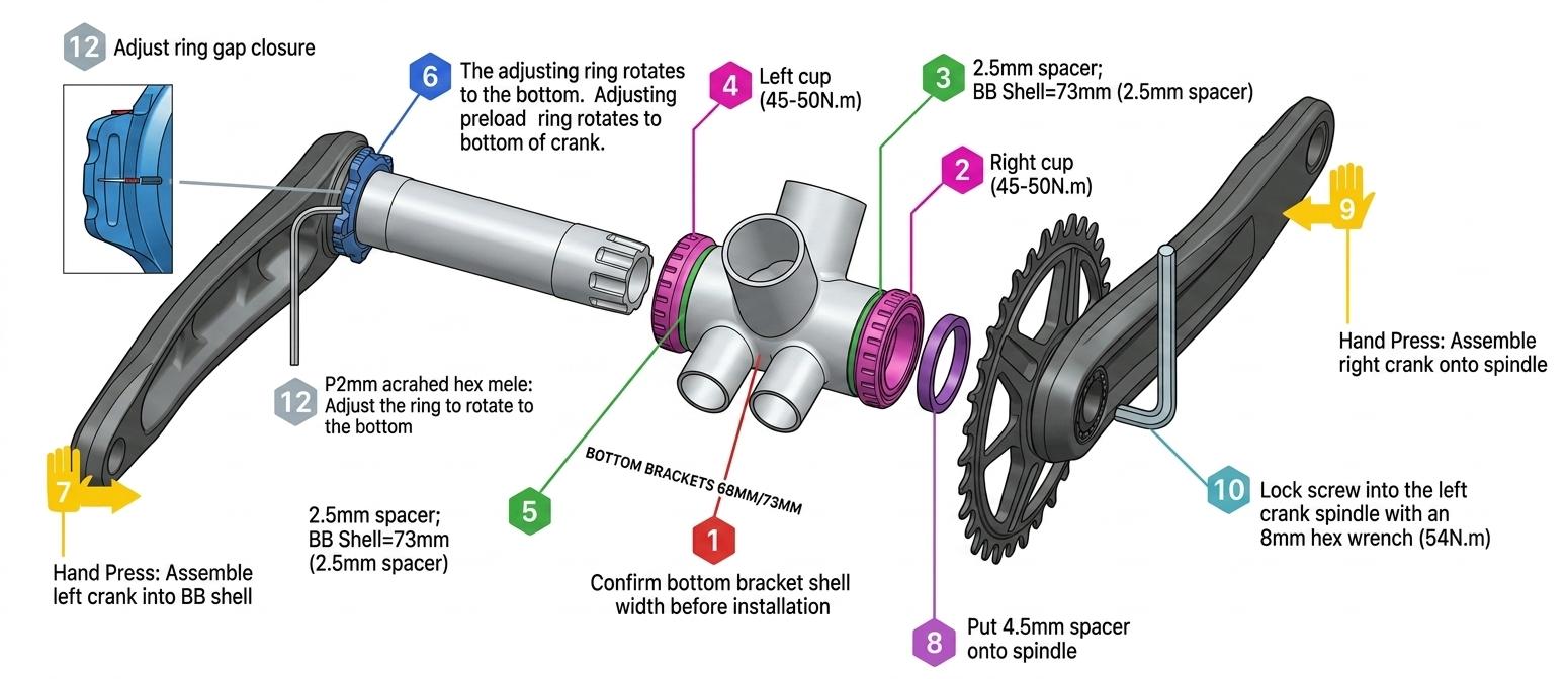 Crankset exploded view showing BB cups, spacers, crank arms, and preload adjuster